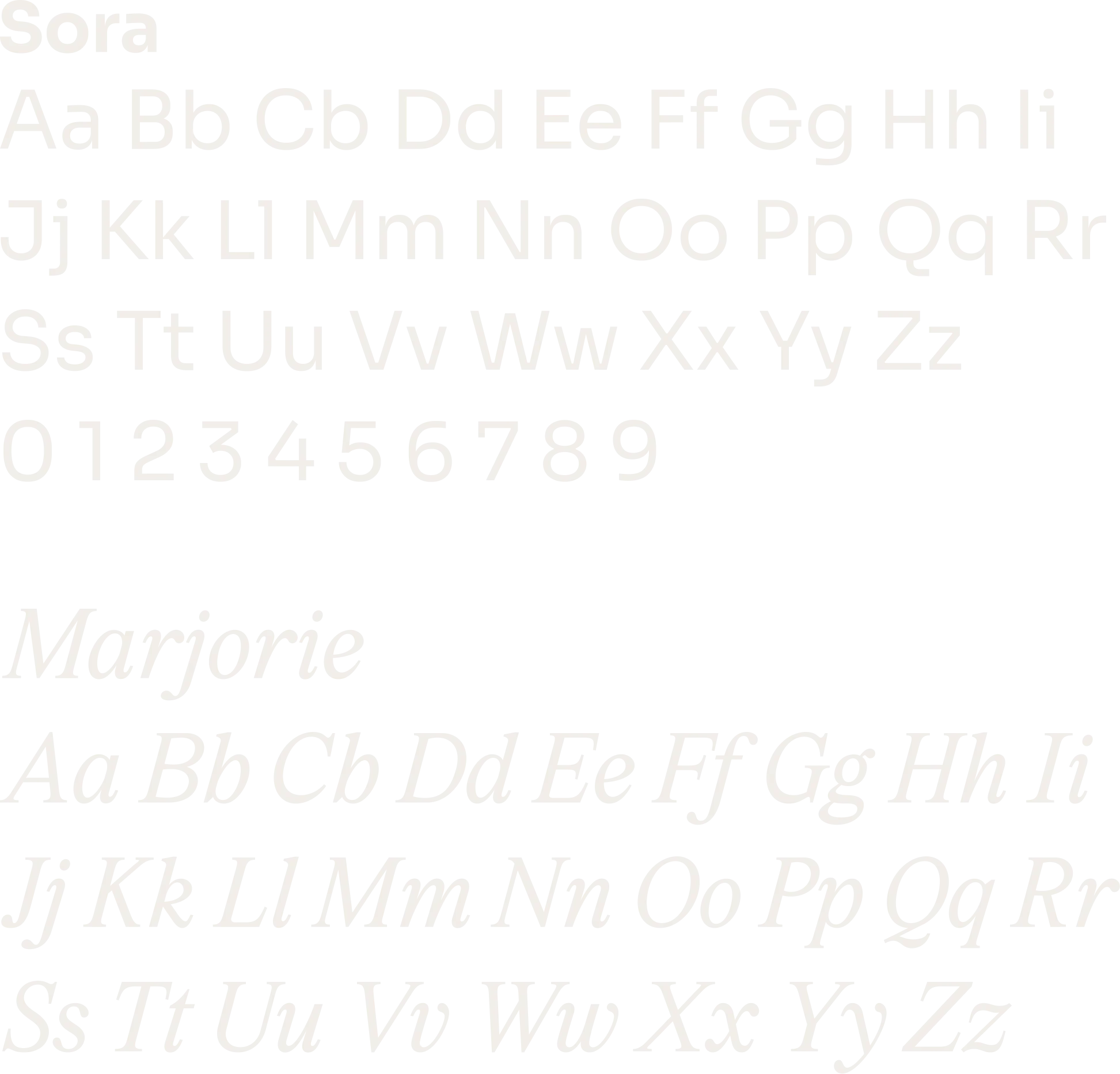 Typography: Sora (primary) and Marjorie (secondary)